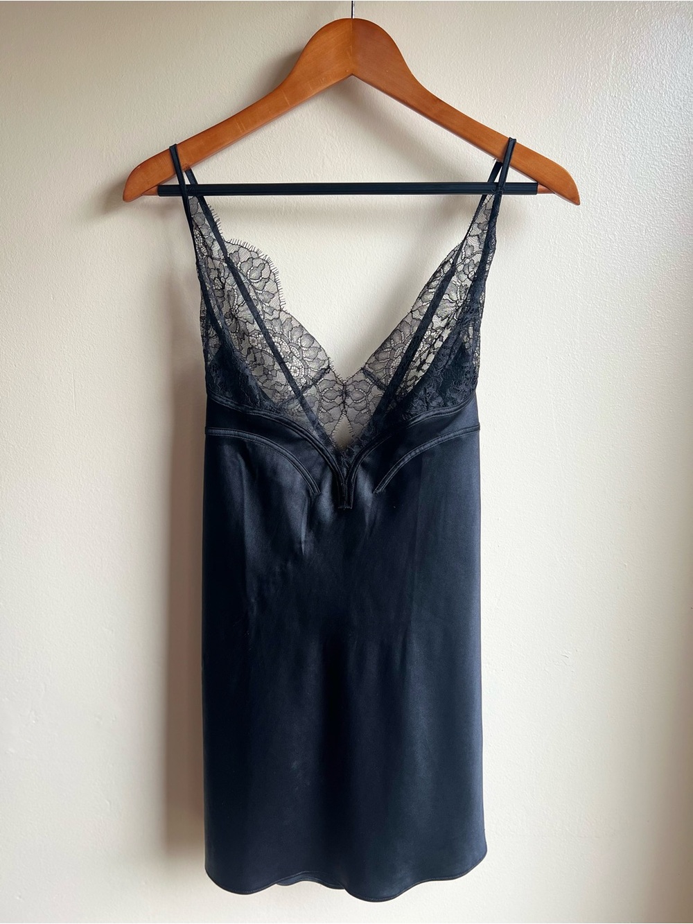 Victoria’s Secret Slip Dress L Black Satin Sheer Lace Plunge Chemise Lingerie